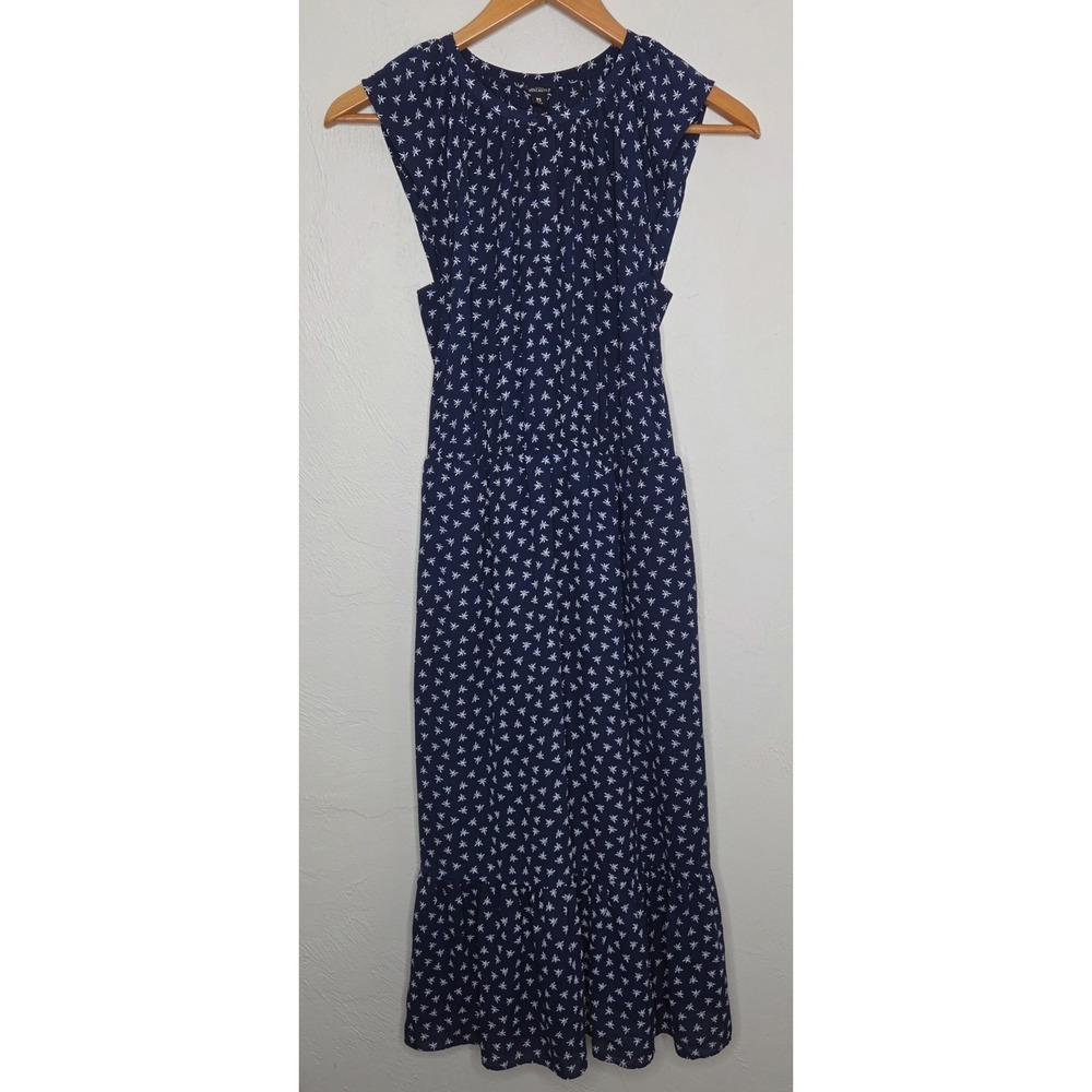 J. Crew Mercantile Blue Dragonfly Print Navy White Midi Dress Size XS Polyester